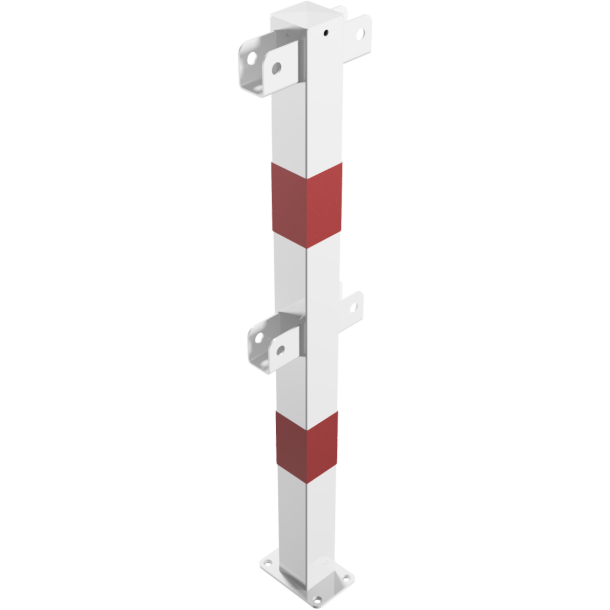 Protective railing | Steel tube 70 x 70 mm | Fixed postto be fixed by plugs | Middle post for top and quarter-bent bar | hot-dip galvanized and white coatedwith red reflecting stripes